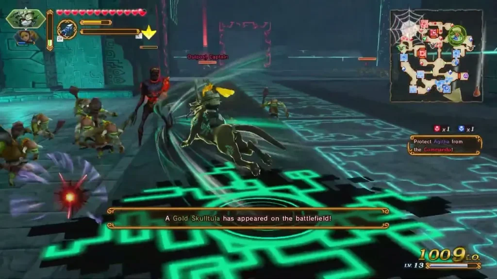 A banner says a Gold Skulltula has appeared as Link fights in a green-lit temple hall in The Shadow King