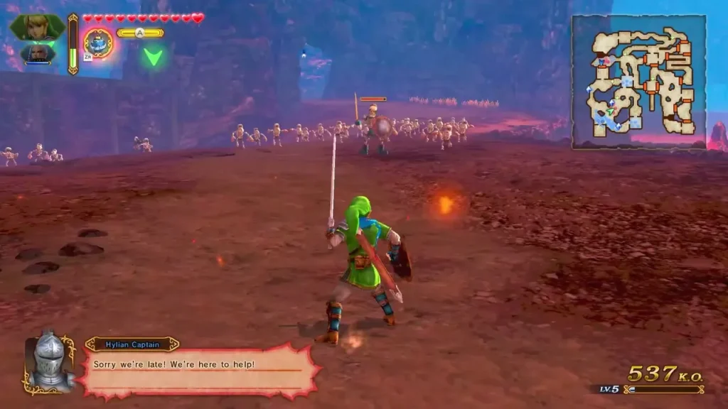 A Hylian Captain speaks to Link while Hylian soldiers advance across a lava field