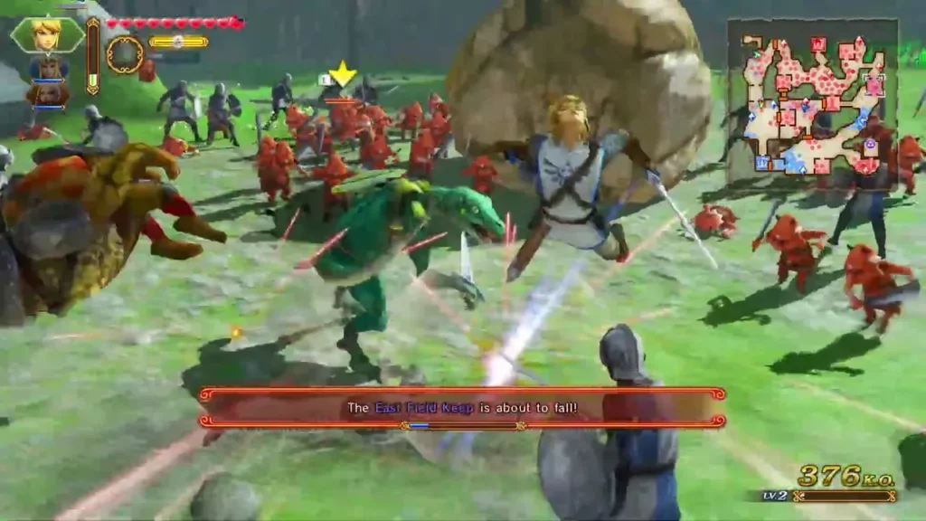 Link fights a green Lizalfos among red Bokoblin troops as a keep is about to fall