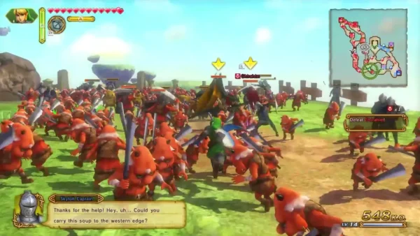 Red Bokoblins crowd a grassy field around Link while a captain asks him to carry soup to the western edge