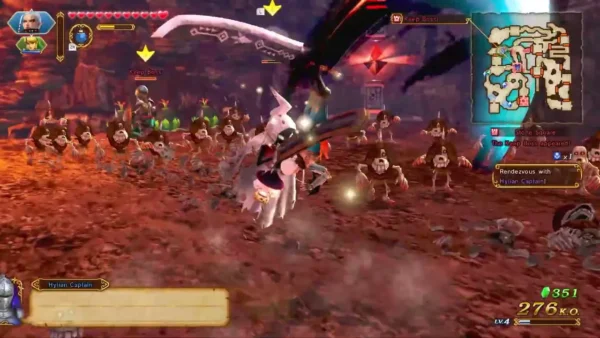 Skeleton troops crowd a red lava field while the Rendezvous with Hylian Captain objective shows