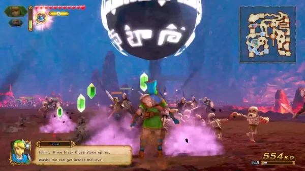 Skeleton Stalchildren fight Link in purple smoke on a lava field
