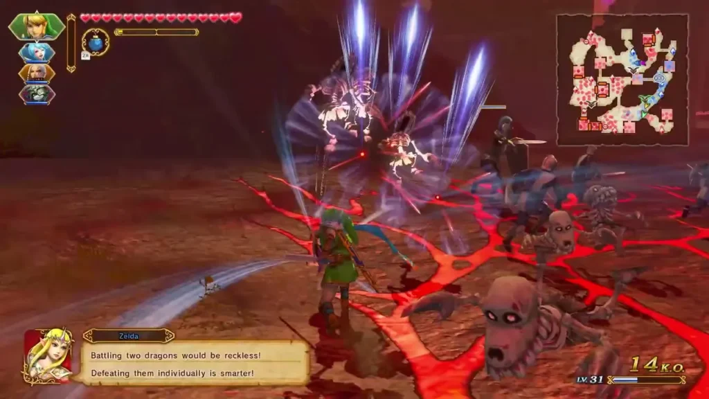 Link fights through a red lava field as Zelda warns that battling two dragons would be reckless Link fights through a red lava field as Zelda warns that battling two dragons would be reckless