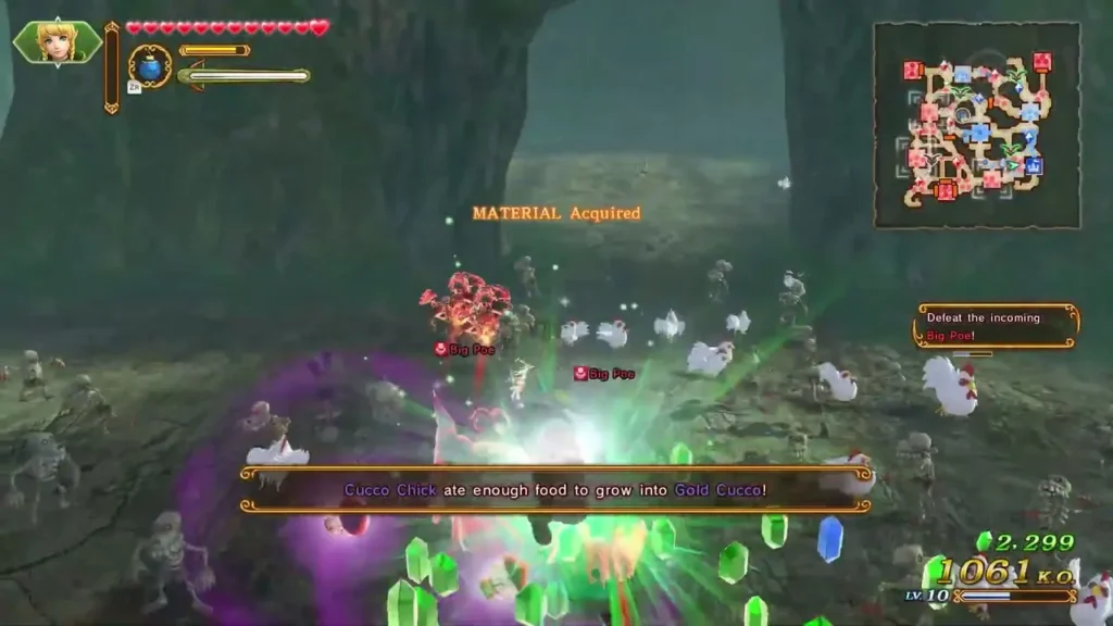 Message says a Cucco Chick ate enough food to grow into a Gold Cucco, as green crystals fall Message says a Cucco Chick ate enough food to grow into a Gold Cucco, as green crystals fall