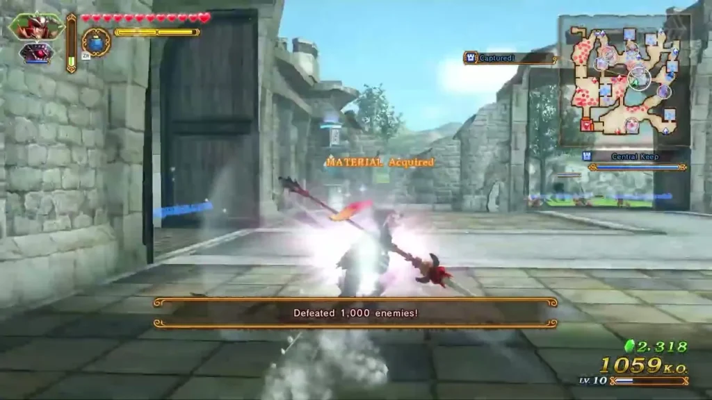 Defeated 1,000 enemies banner in a stone courtyard while a red-armored warrior fights nearby Defeated 1,000 enemies banner in a stone courtyard while a red-armored warrior fights nearby