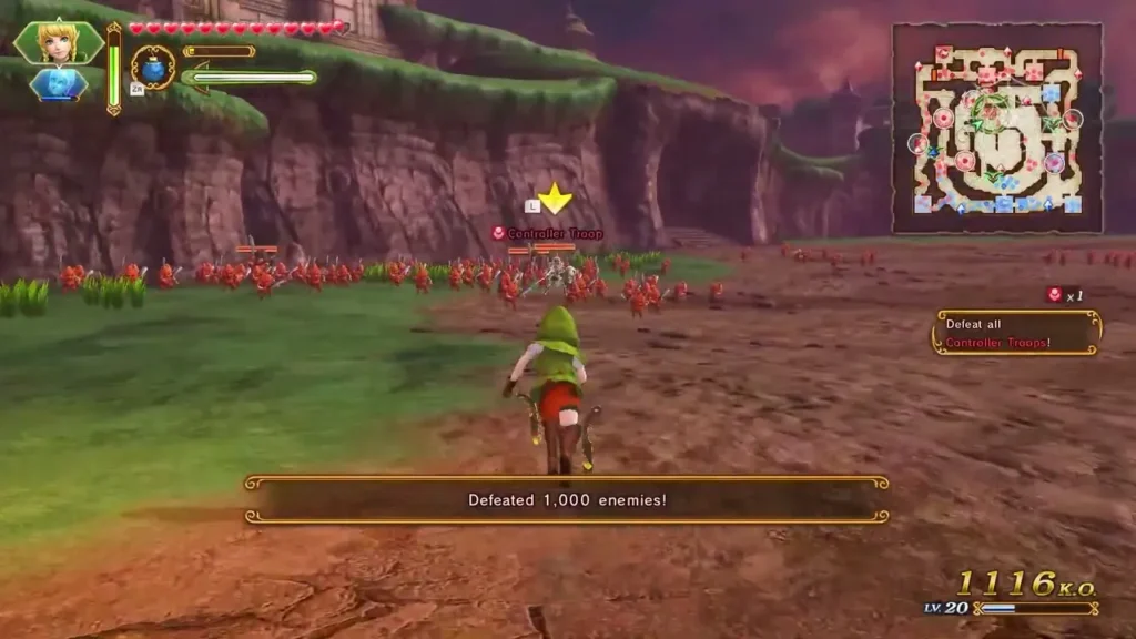 Defeated 1,000 enemies banner while Link runs across a grassy field with red soldiers in the distance Defeated 1,000 enemies banner while Link runs across a grassy field with red soldiers in the distance