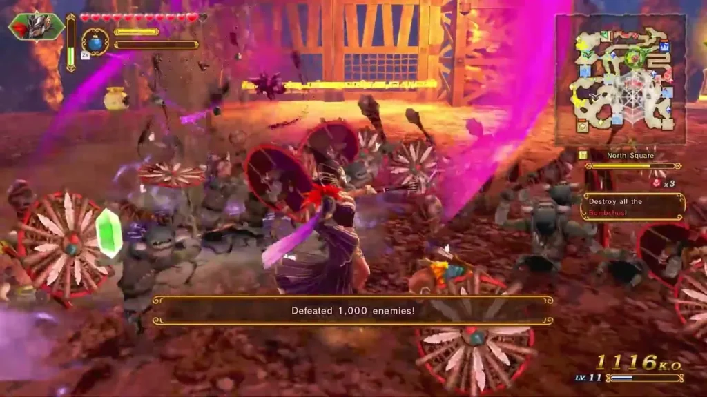 Defeated 1,000 enemies banner over a red-lit battle, a purple-robed warrior among spinning blades Defeated 1,000 enemies banner over a red-lit battle, a purple-robed warrior among spinning blades
