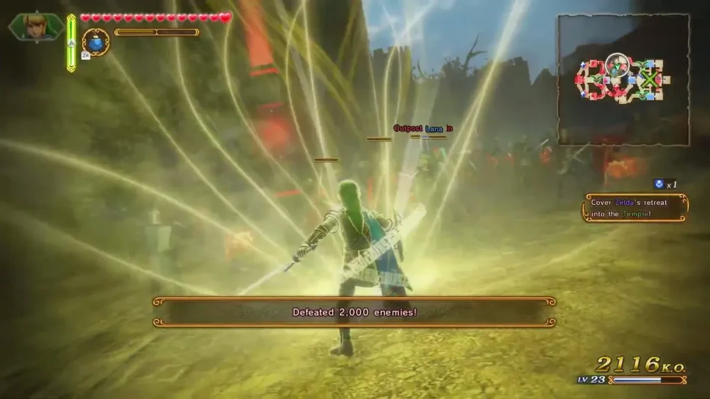 Defeated 2,000 enemies banner as Link attacks in a golden glow Defeated 2,000 enemies banner as Link attacks in a golden glow