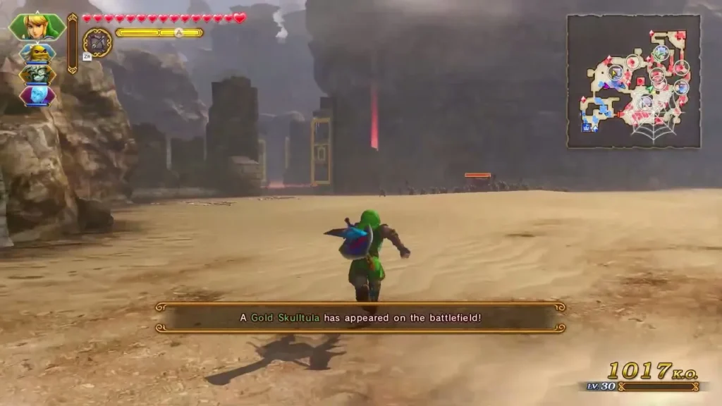 Link on the sand as the message reads A Gold Skulltula has appeared on the battlefield Link on the sand as the message reads A Gold Skulltula has appeared on the battlefield