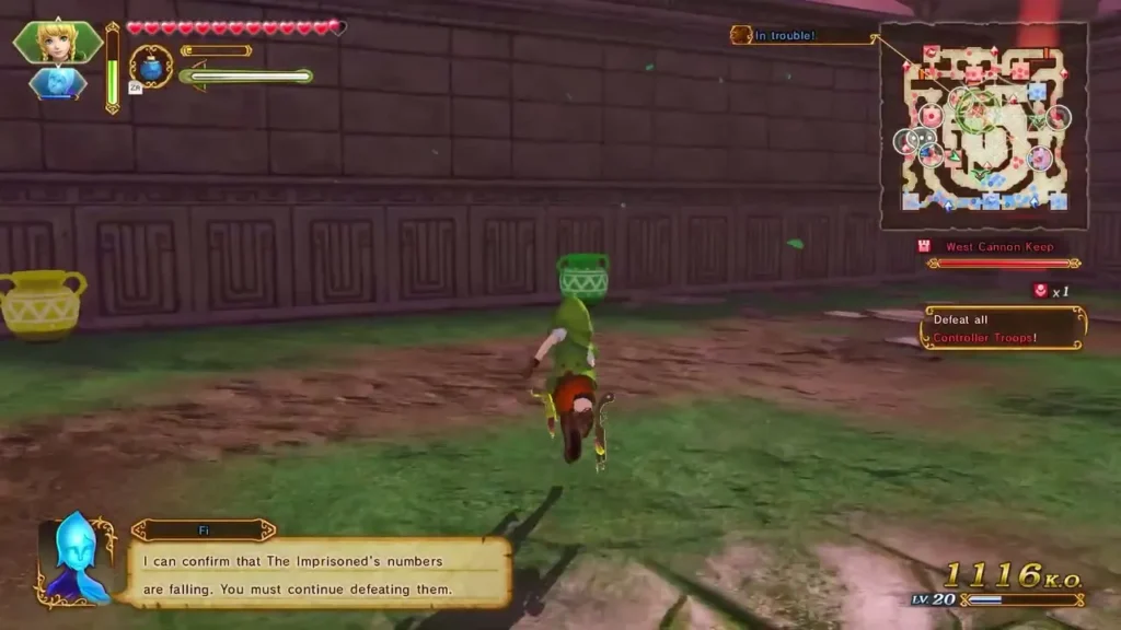 Fi says The Imprisoned's numbers are falling and the battle must continue, as Link runs across a courtyard Fi says The Imprisoned's numbers are falling and the battle must continue, as Link runs across a courtyard