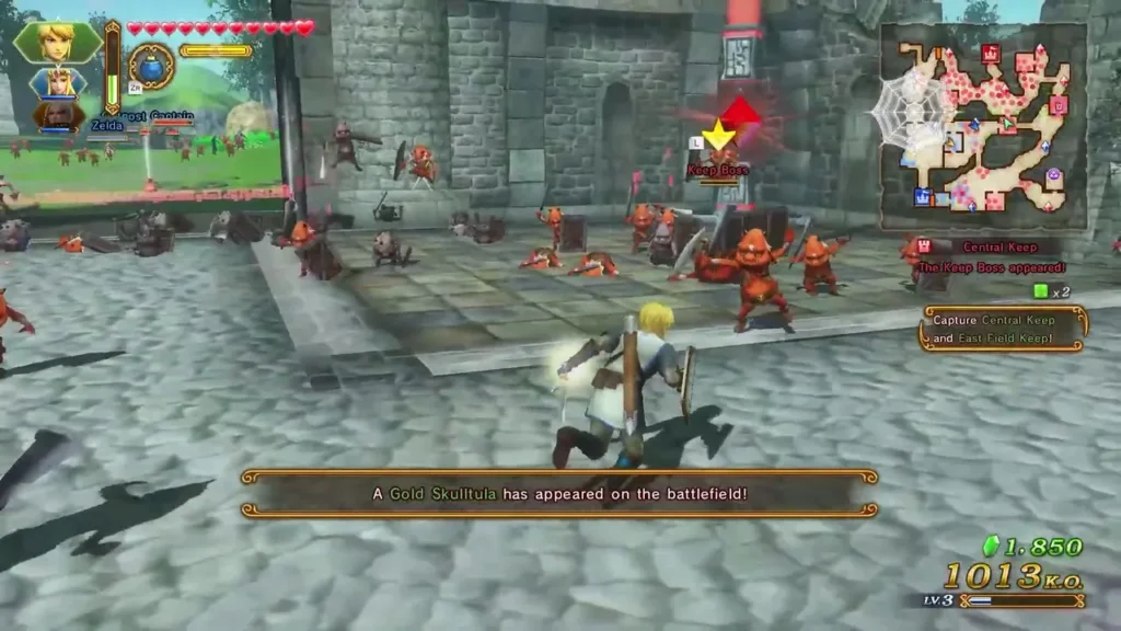 A Gold Skulltula has appeared on the battlefield message as Link fights through a stone courtyard A Gold Skulltula has appeared on the battlefield message as Link fights through a stone courtyard