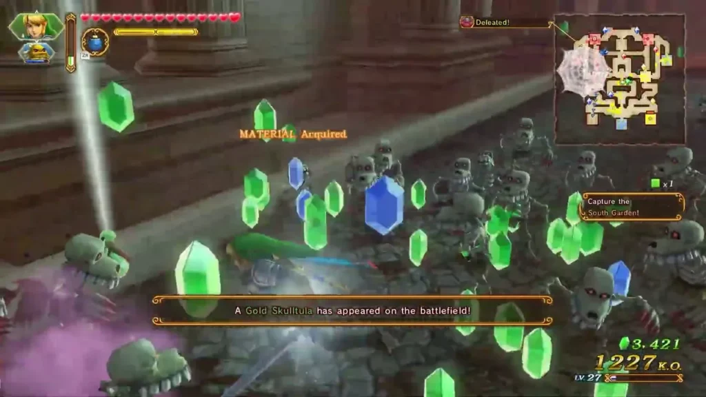 A Gold Skulltula has appeared on the battlefield message among green crystals and enemies A Gold Skulltula has appeared on the battlefield message among green crystals and enemies