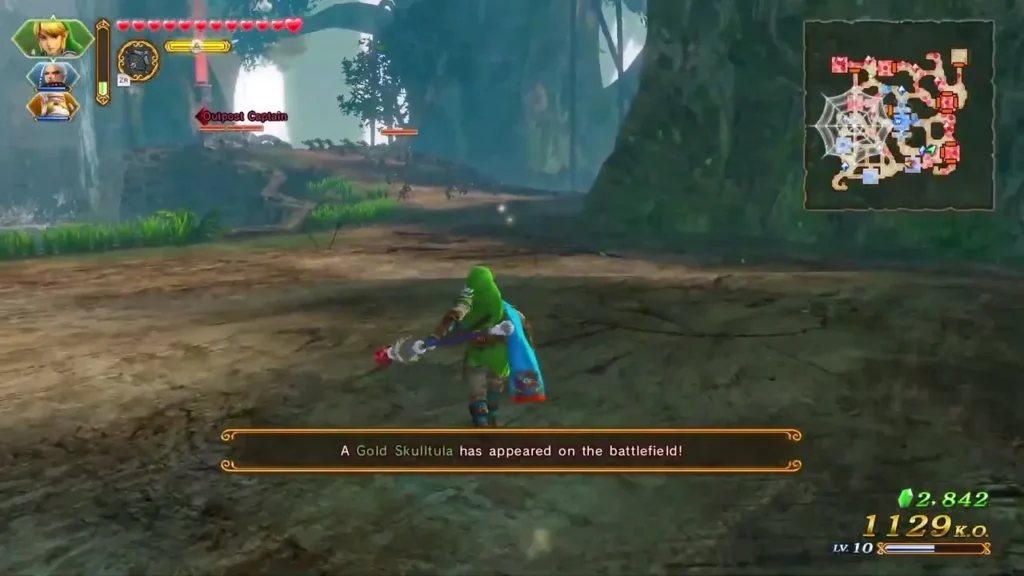 A Gold Skulltula has appeared on the battlefield message as Link stands in a forest clearing A Gold Skulltula has appeared on the battlefield message as Link stands in a forest clearing