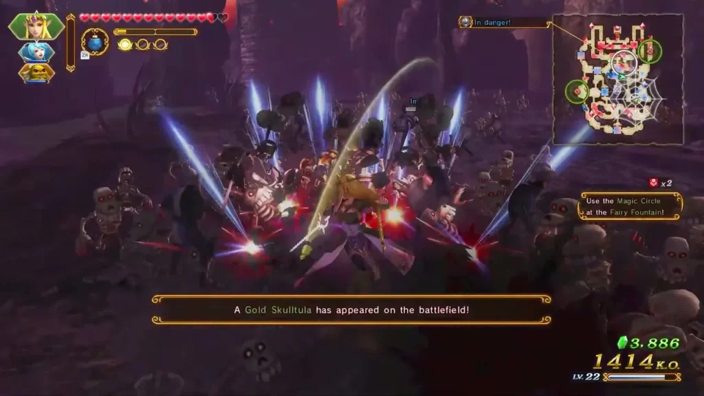A Gold Skulltula has appeared on the battlefield message as Link fights on a purple battlefield A Gold Skulltula has appeared on the battlefield message as Link fights on a purple battlefield