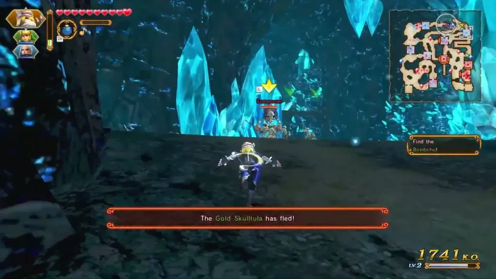The Gold Skulltula has fled message in a blue crystal cave, with the Gold Skulltula marked on the map The Gold Skulltula has fled message in a blue crystal cave, with the Gold Skulltula marked on the map