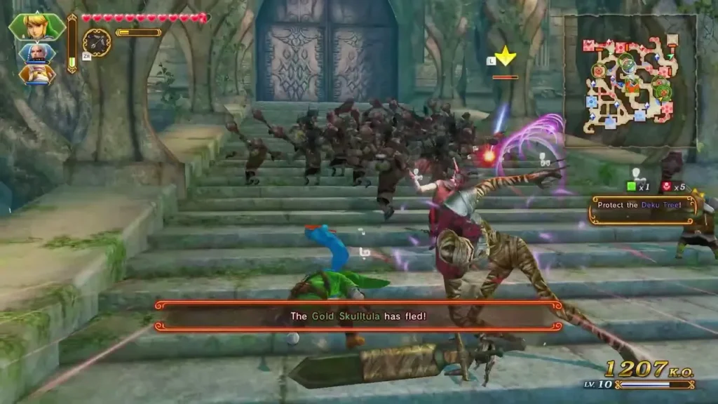 The Gold Skulltula has fled message as a warrior fights enemies on a stone staircase The Gold Skulltula has fled message as a warrior fights enemies on a stone staircase
