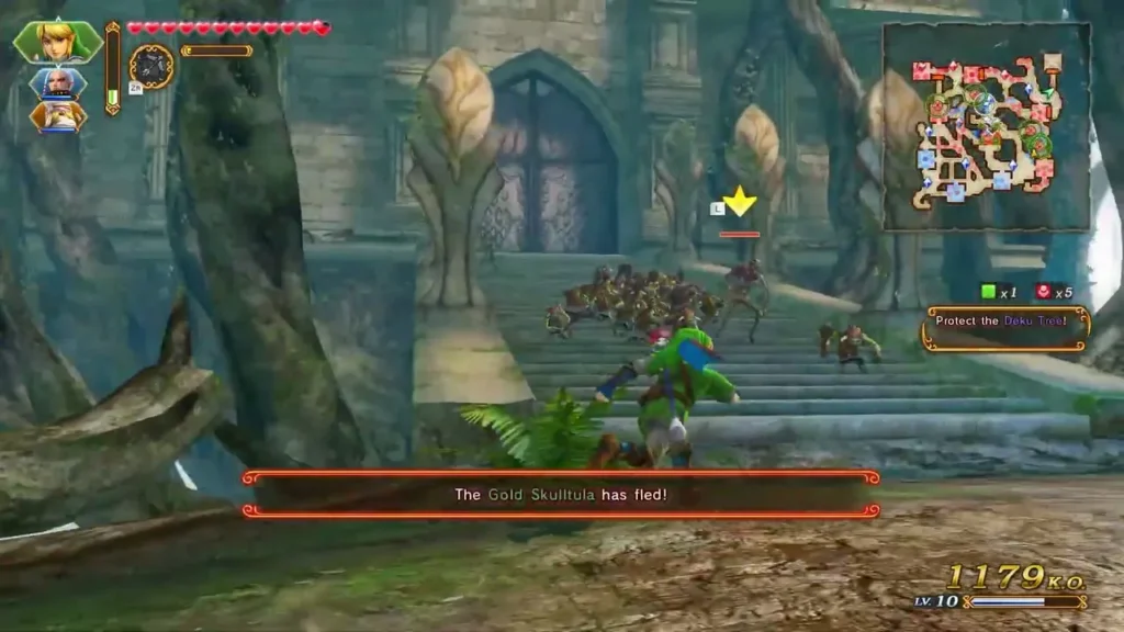 The Gold Skulltula has fled message while Link fights a crowd of enemies on a stone staircase The Gold Skulltula has fled message while Link fights a crowd of enemies on a stone staircase