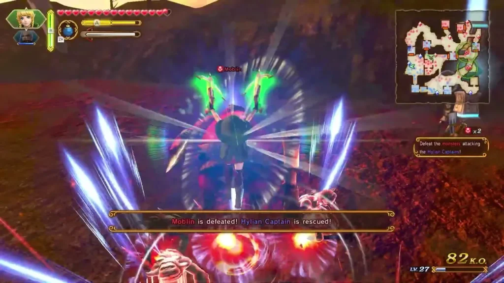 Moblin defeated and Hylian Captain rescued message over a blue sword burst on a red battlefield Moblin defeated and Hylian Captain rescued message over a blue sword burst on a red battlefield
