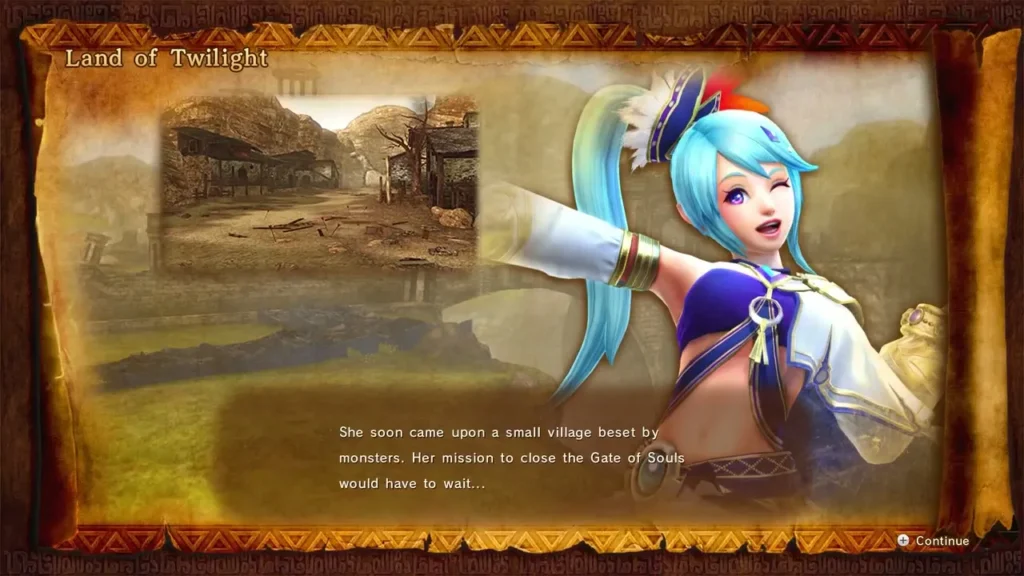 Story slide of Lana beside a village beset by monsters in the Land of Twilight Story slide of Lana beside a village beset by monsters in the Land of Twilight