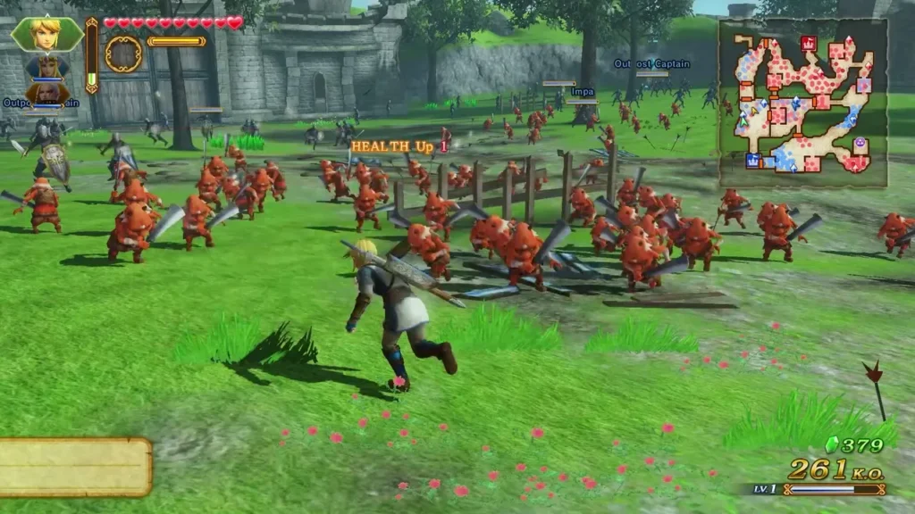 Link runs through a line of red soldiers and Bokoblins on Hyrule Field in The Armies of Ruin Link runs through a line of red soldiers and Bokoblins on Hyrule Field in The Armies of Ruin