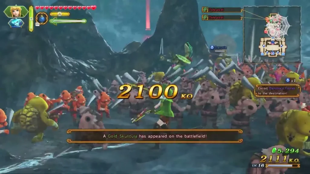 A Gold Skulltula has appeared on the battlefield message over a fight with red and yellow soldiers A Gold Skulltula has appeared on the battlefield message over a fight with red and yellow soldiers