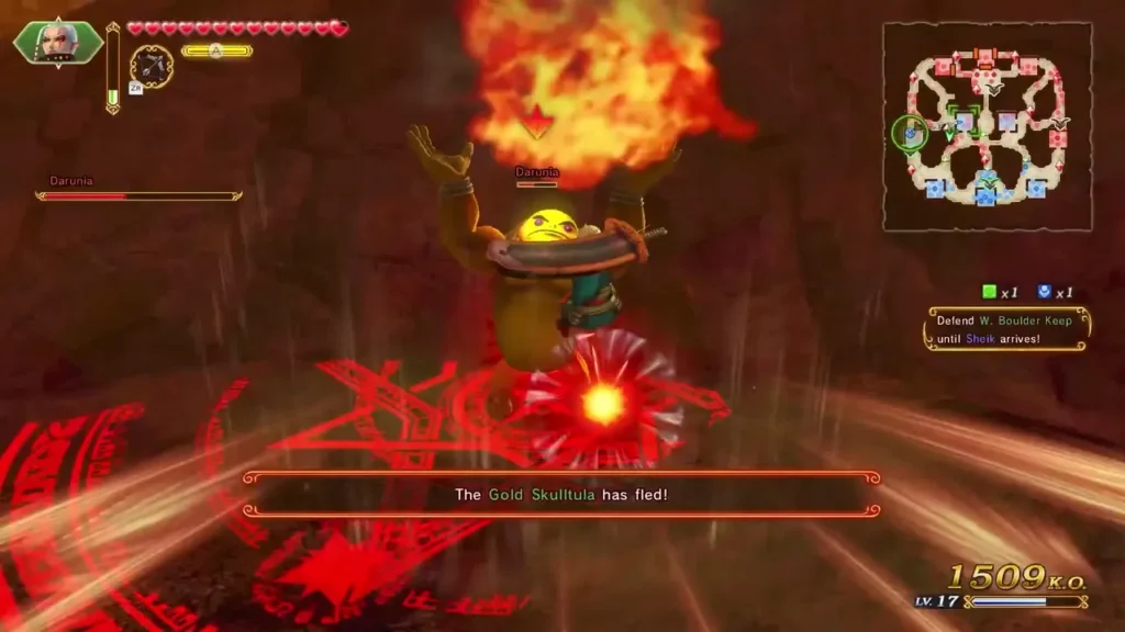 The Gold Skulltula has fled! banner shows in the Land of Myth battle while Darunia fights The Gold Skulltula has fled! banner shows in the Land of Myth battle while Darunia fights