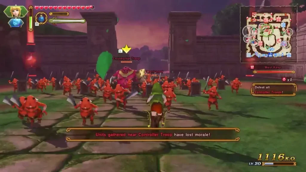 Units gathered near a Controller Troop have lost morale, as Link faces a line of red soldiers Units gathered near a Controller Troop have lost morale, as Link faces a line of red soldiers