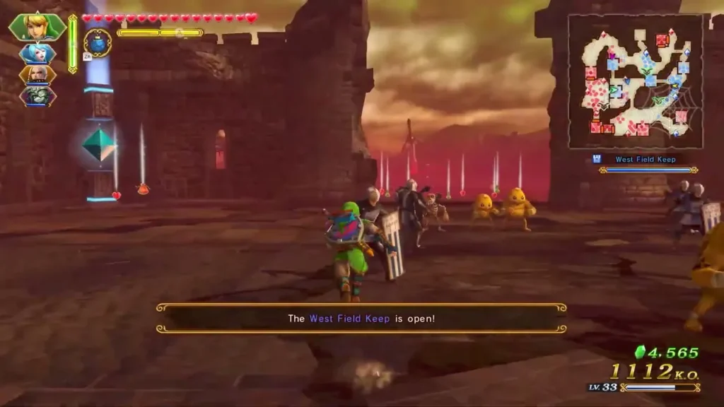 The West Field Keep is open message as Link stands among soldiers in a red-lit ruin The West Field Keep is open message as Link stands among soldiers in a red-lit ruin