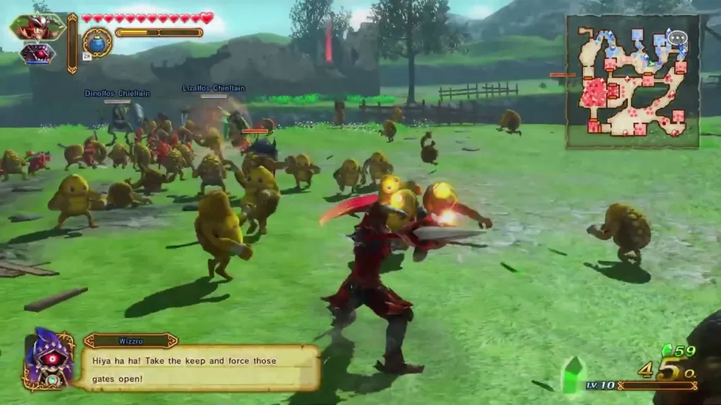 Wizzro shouts to take the keep and force the gates open while a red-armored warrior leads the charge Wizzro shouts to take the keep and force the gates open while a red-armored warrior leads the charge