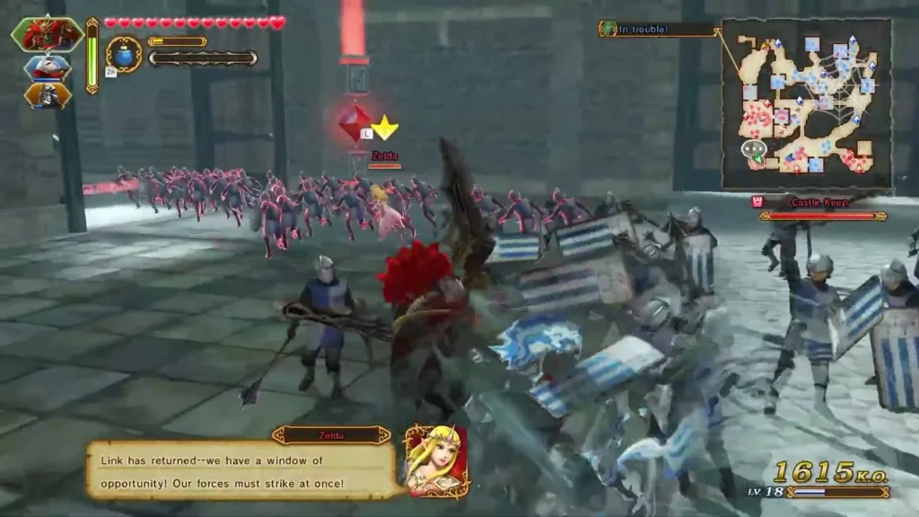 Zelda says Link has returned and forces must strike at once as Ganondorf fights soldiers in a courtyard Zelda says Link has returned and forces must strike at once as Ganondorf fights soldiers in a courtyard