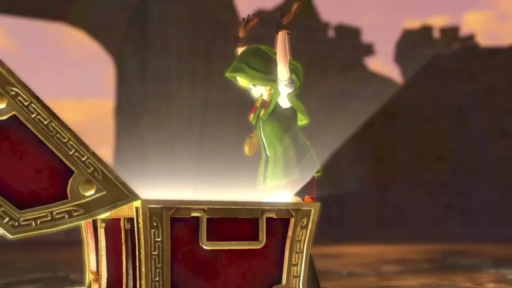 A green-tunic warrior raises both arms as a chest opens at the West Field Keep A green-tunic warrior raises both arms as a chest opens at the West Field Keep