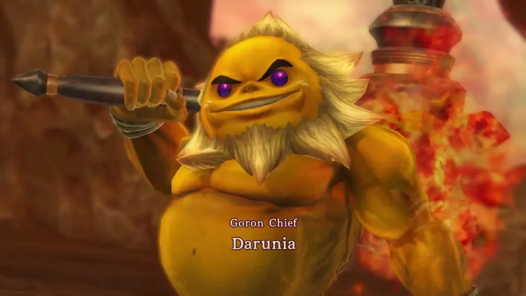 Goron Chief Darunia is named on screen in a close-up Goron Chief Darunia is named on screen in a close-up