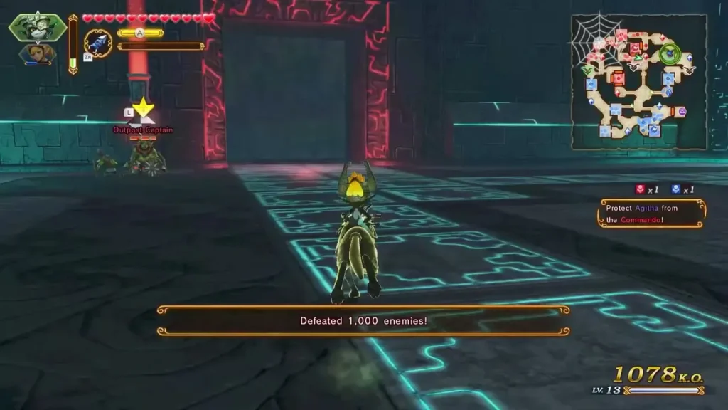The banner Defeated 1,000 enemies! appears as Midna fights on the Palace of Twilight grounds The banner Defeated 1,000 enemies! appears as Midna fights on the Palace of Twilight grounds