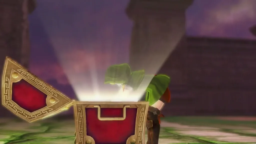 A gold chest opens on a stone path beside a green-tunic warrior A gold chest opens on a stone path beside a green-tunic warrior