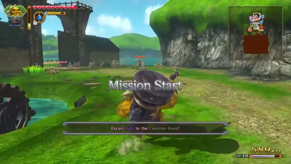 Mission Start banner and the objective Escort Ruto to the Lakeside Keep! on Lake Hylia Mission Start banner and the objective Escort Ruto to the Lakeside Keep! on Lake Hylia