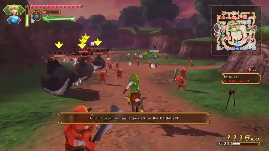 A Gold Skulltula has appeared on the battlefield as Link fights the Controller Troops A Gold Skulltula has appeared on the battlefield as Link fights the Controller Troops