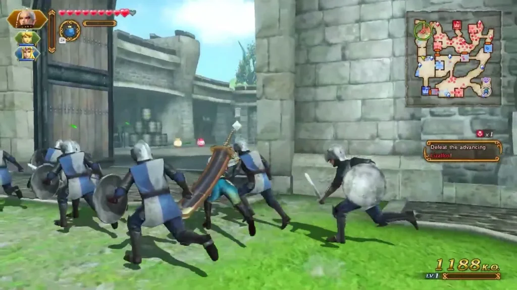 Link fights a Hylian Guard Troop of blue-armoured soldiers near a stone gate Link fights a Hylian Guard Troop of blue-armoured soldiers near a stone gate
