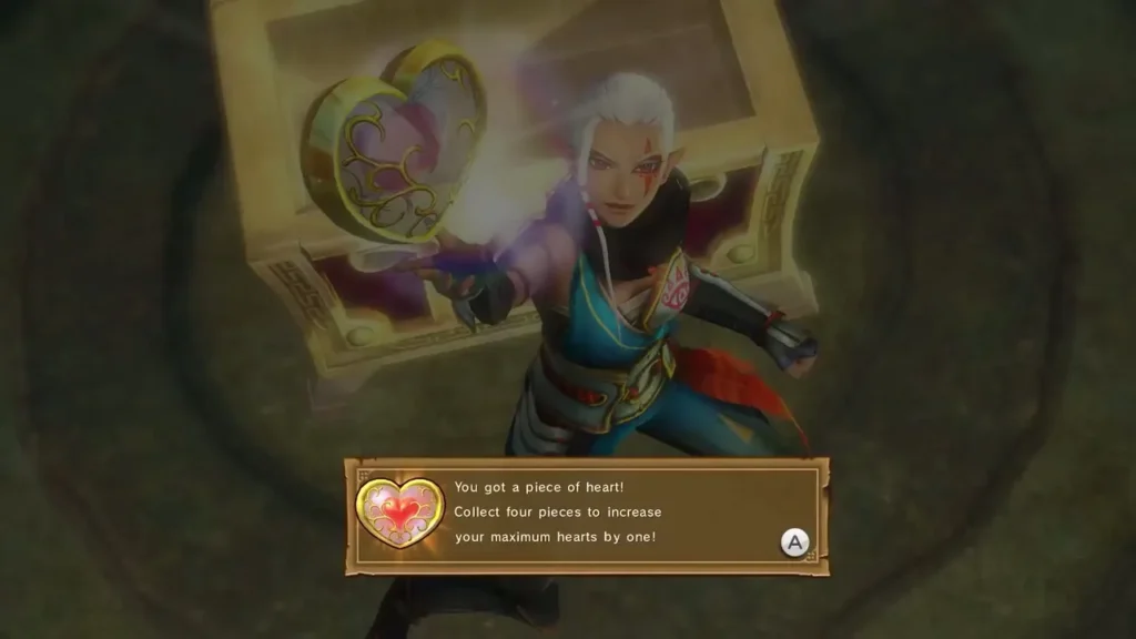 Impa holds up a Piece of Heart after opening the North Square chest Impa holds up a Piece of Heart after opening the North Square chest