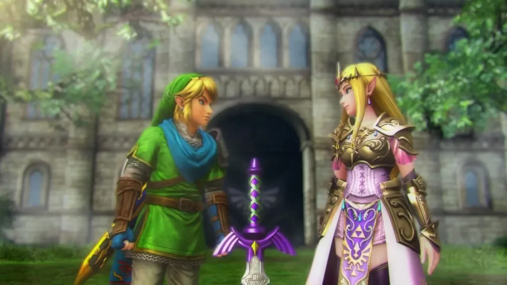 Link and Zelda stand beside the Master Sword on its pedestal in the closing scene Link and Zelda stand beside the Master Sword on its pedestal in the closing scene