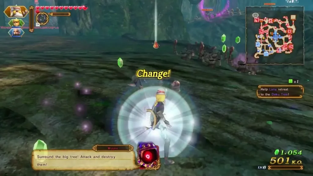Link transforms into Sheik with a Change flash during the Sorceress of the Woods battle Link transforms into Sheik with a Change flash during the Sorceress of the Woods battle