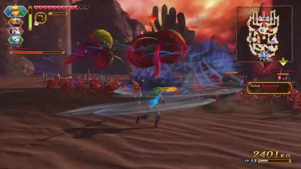 Link fights the giant Manhandla boss among red soldiers at the ruins Link fights the giant Manhandla boss among red soldiers at the ruins