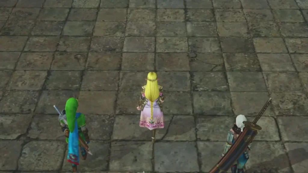 Link, Zelda and Impa stand together in the temple courtyard before the battle Link, Zelda and Impa stand together in the temple courtyard before the battle