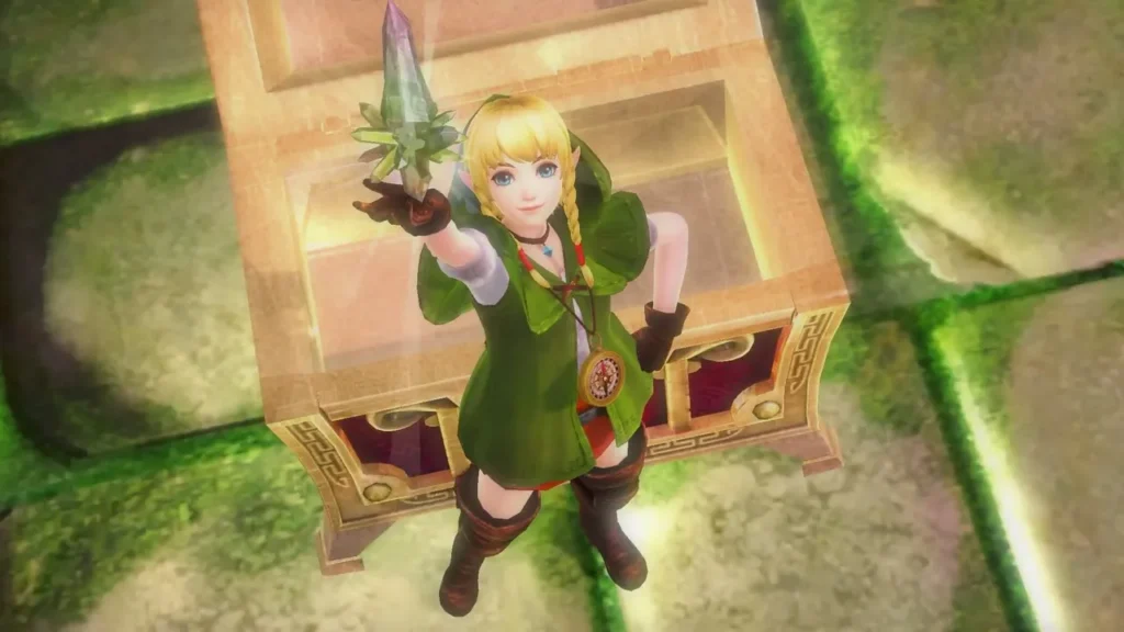 Linkle holds up a green crystal weapon above an open chest Linkle holds up a green crystal weapon above an open chest
