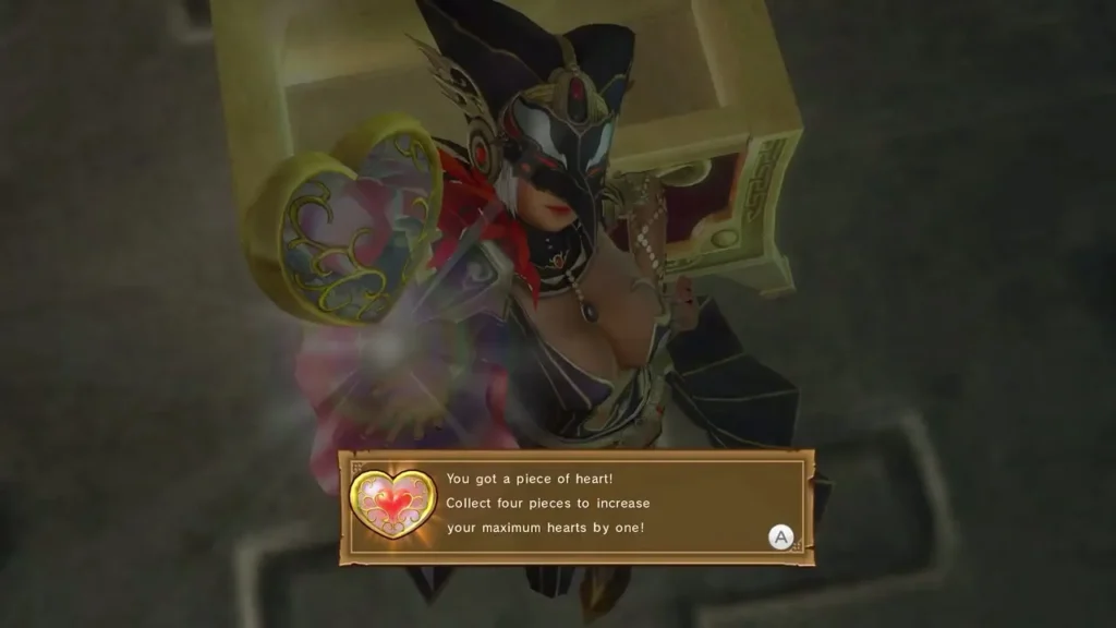 A warrior in a pink cape holds up a Piece of Heart with the message shown A warrior in a pink cape holds up a Piece of Heart with the message shown