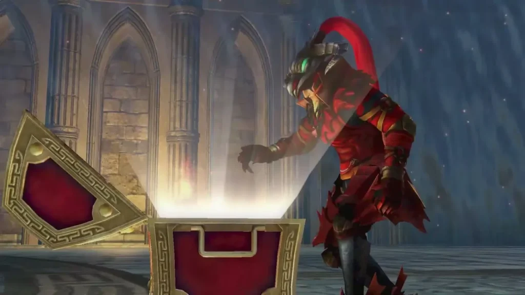 A red-armored warrior opens a gold chest in a stone hall A red-armored warrior opens a gold chest in a stone hall