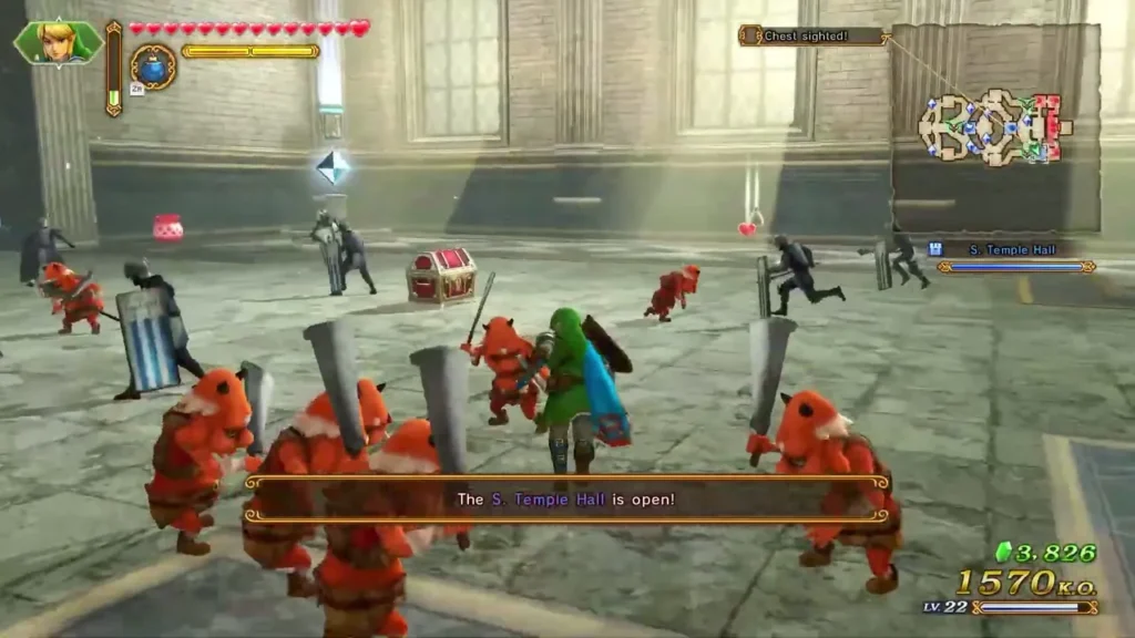 Link fights red soldiers in the temple hall as the banner says the S. Temple Hall is open Link fights red soldiers in the temple hall as the banner says the S. Temple Hall is open