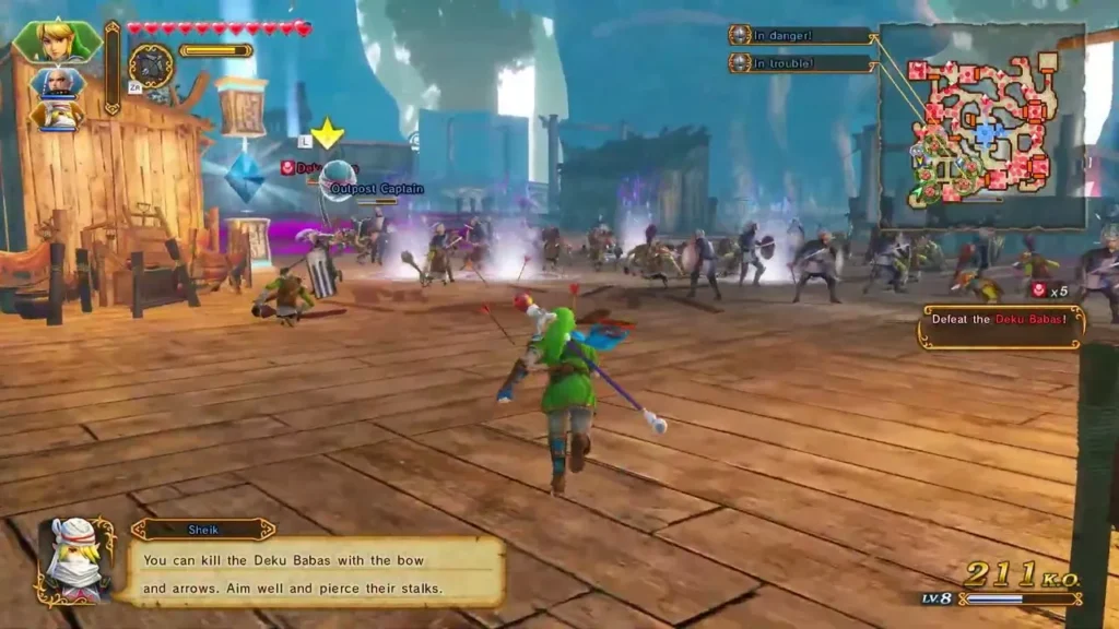 Link shoots Deku Babas through their stalks with arrows in the Deku settlement battle Link shoots Deku Babas through their stalks with arrows in the Deku settlement battle
