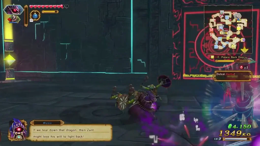Wizzro speaks as he fights near the E. Palace Back Door, with the Defeat Agitha objective shown Wizzro speaks as he fights near the E. Palace Back Door, with the Defeat Agitha objective shown