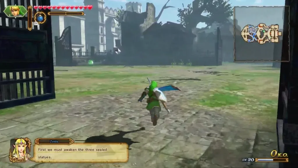 Zelda says First we must awaken the three sealed statues as Link runs through the ruins Zelda says First we must awaken the three sealed statues as Link runs through the ruins