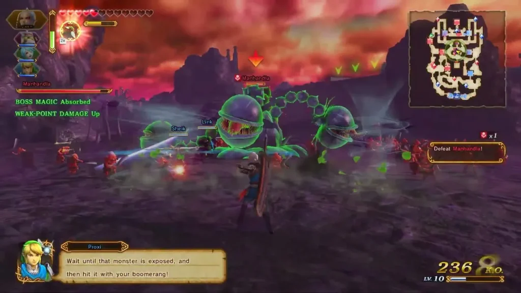 Proxi says to wait until that monster is exposed, then hit it with the boomerang as Manhandla fights